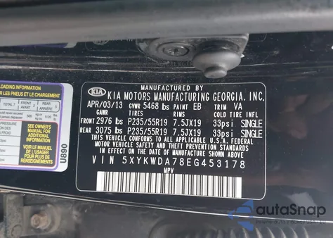 2014 Kia Sorento Limited V6 z USA, uszkodzony, nr VIN 5XYKWDA78EG453178